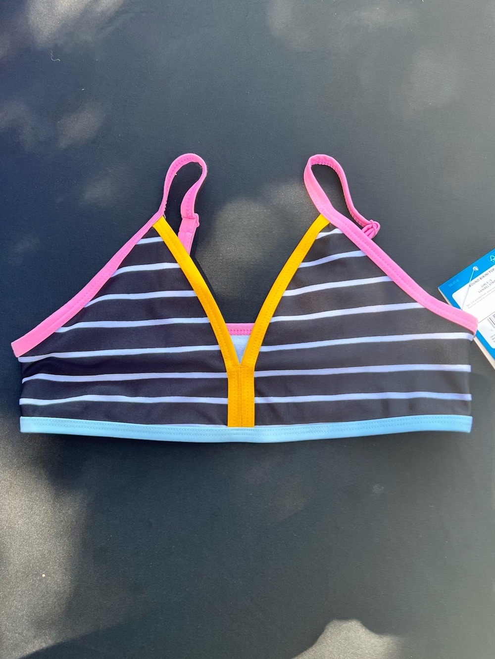 DSG Girls Black Striped Bikini Top with Pink, Yellow & Light Blue Trim